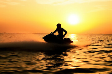 Fototapeta na wymiar illustration of a person riding a jet ski in the sunset 