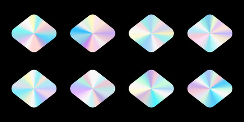 A set of realistic holograms in the form of a rhombus. Rainbow color gradient. Multicolored texture.3d vector illustration on a black background.