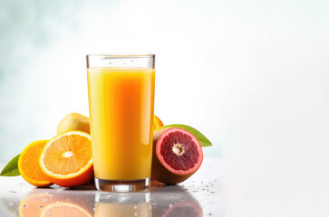 Fototapeta premium Glass of 100% Orange juice with orange sacs and sliced fruits