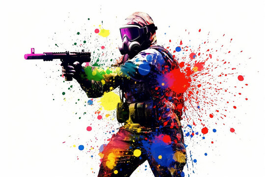 illustration of a person playing paintball and holding a gun with colorful background