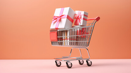 a shopping cart with cardboard boxes on pastel color background. Generative Ai