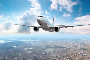 Commercial plane flying above the cityscape in a beautiful day, Modern and fastest mode of transportation