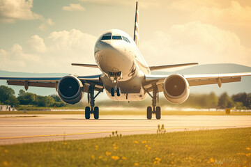 Naklejka premium Commercial plane is taking off with cityscape background, Modern and fastest mode of transportation