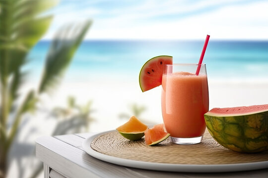 A glass of watermelon juice on a table with a beach background