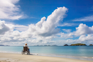 A person is sitting in a wheelchair on a beach