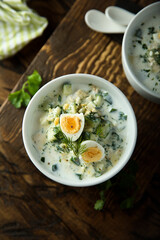 Traditional homemade cold soup with yogurt and herbs