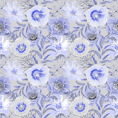 Seamless monochrome floral pattern. Blue flowers on a gray background.