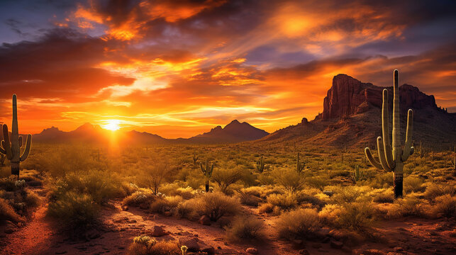 Majestic Beauty of Arizona's Saguaro Cactus Landscape. Generative Ai