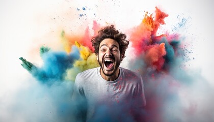 Happy Latin guy smiling in a cloud of colorful smoke on a white background, having fun, colors, LGBTQ+,  color explosion, holi, party, peace, inclusive, beauty, freedom. Generative AI.