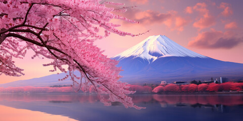 Fototapeta na wymiar Fuji mountain in spring with Cherry Flower