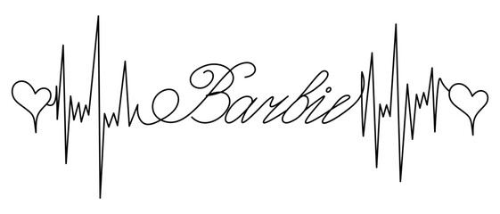 Barbie. The text is embellished with pulses and hearts. Sketch. Vector illustration. Broken zigzag line and romantic lettering in italics. Outline on isolated background. Idea for web design