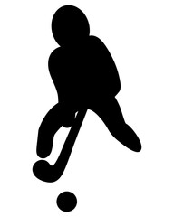 The athlete hits the ball with a club. Silhouette. Vector illustration. A man plays a team sport game field hockey. Isolated background. Idea for web design.