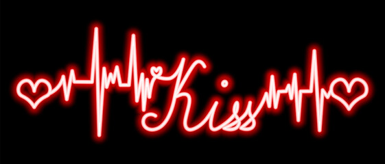 Kiss. The text is embellished with pulses and hearts. Red neon glow. Color vector illustration. Broken zigzag line and romantic lettering in italics. Isolated black background. Idea for web design
