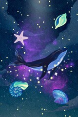 Obraz na płótnie Canvas Whales playing blue sky nautical in dream illustration