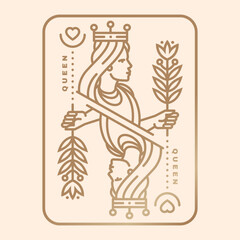 Queen playing card. Vector illustration. Esoteric, magic Royal playing card queen design collection. Line art minimalist style