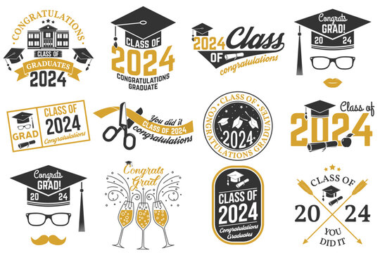 Set of Vector Class of 2024 badges Concept for shirt, print, seal, overlay or stamp, greeting, invitation card. Typography design- stock vector.