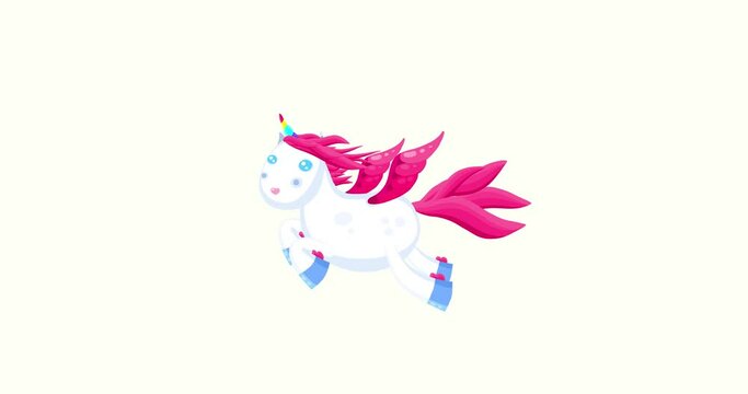 Cartoon isolated white unicorn flying character isolated. Sweet fantastic pet animal. Good for any movie, presentation, etc... Funny sweet and cute children animation seamless loop.