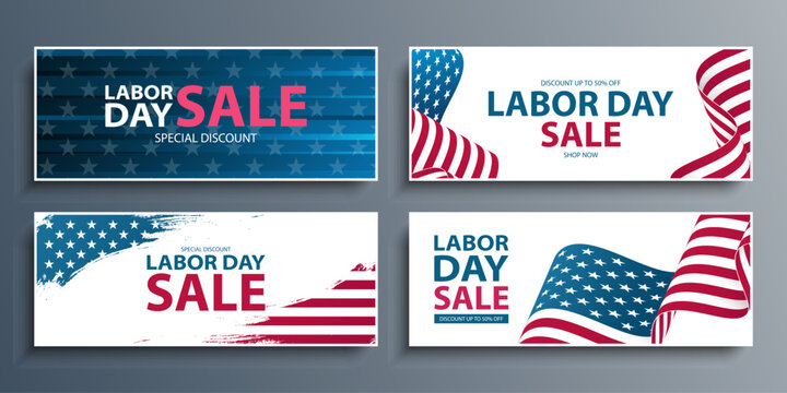 Labor Day Sale Set. United States Labor Day commercial banners with American national flag background. USA national holiday sales promotion. Vector illustration.