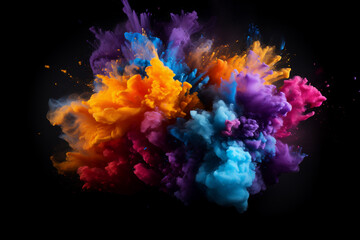 Colorful rainbow holi paint color powder explosion isolated black background. Generative AI	
