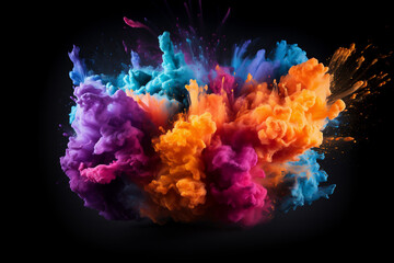 Colorful rainbow holi paint color powder explosion isolated black background. Generative AI	
 - obrazy, fototapety, plakaty