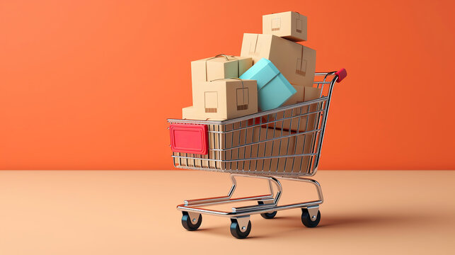 a shopping cart with cardboard boxes on pastel color background. Generative Ai