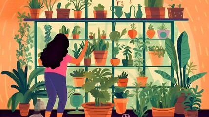 Obraz premium A stylized flat illustration presents a woman watering house plants, depicting the beauty and tranquility of indoor gardening and connection with nature. Generative AI