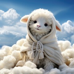 A lovable anthropomorphic lamb wearing a cozy scarf and sitting on a pile of fluffy clouds.