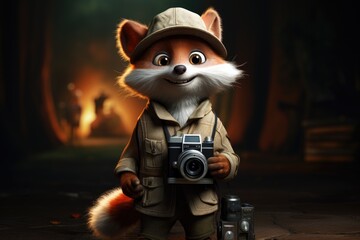 A charismatic anthropomorphic fox wearing a stylish fedora and carrying a vintage camera. - obrazy, fototapety, plakaty