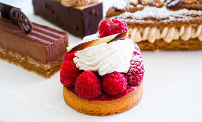 Raspberry tartlet, luxury French pastry.