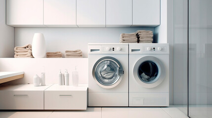 Laundry room with washing machine and towels. 3d rendering.AI Generated