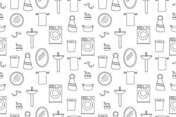 Seamless pattern of bathroom icons in vector black color. Bathroom accessories. Vector illustration