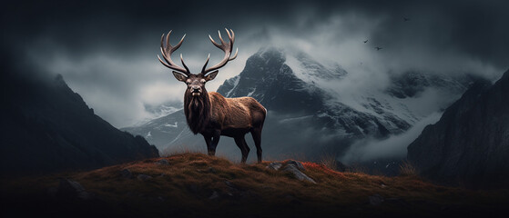 Red deer stag on the dramatic mountain 