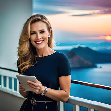 mujer empresaria hermosa con vestido de pie usando una tableta digital y mirando a alguien a lo lejos  muy sonriente . Feliz directora ejecutiva.