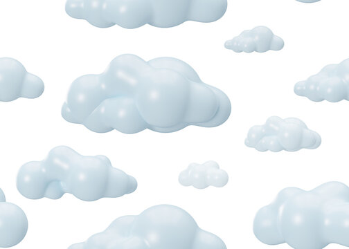 Seamless pattern with 3D clouds on white background. Applicable for fabric print, textile, wallpaper. Repeatable texture. Cartoon style, pattern for kids bedding, clothes. 3D render.