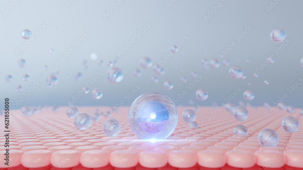 Poster 3d rendering of cosmetics essentials combined with a magic serum. serum through the skin and reduce 