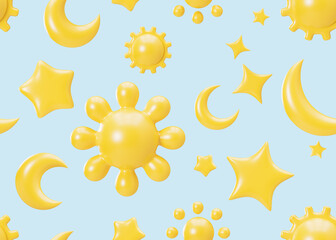 Seamless pattern with yellow 3D stars, moons, suns on light blue background. Applicable for fabric print, textile, wallpaper. Repeatable texture. Cartoon style, pattern for kids bedding, clothes. 3D.