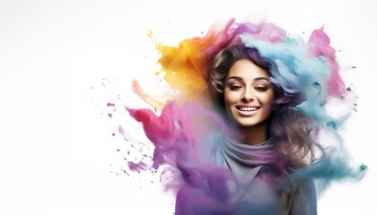 Happy middle eastern girl smiling in a cloud of colorful smoke on a white background, having fun, color explosion, holi, colors, LGBTQ+, party, peace, inclusive, beauty, freedom. Generative AI.