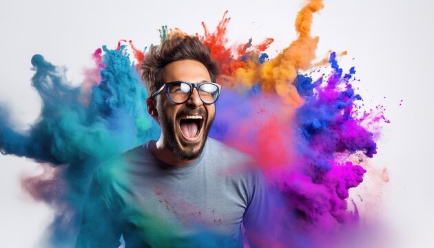 Happy Middle Eastern Guy Smiling In A Cloud Of Colorful Smoke On A White Background, Having Fun,  Color Explosion, Holi, Colors, LGBTQ+, Party, Peace, Inclusive, Beauty, Freedom. Generative AI.