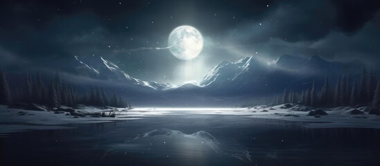 Fototapeta na wymiar Forest, lake, mountains and a big night moon