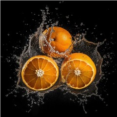 Fototapeta na wymiar Orange fruit with water splash isolated on black background. Clipping path