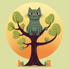 Stylish cat illustration. A cat sit on a tree against sun.