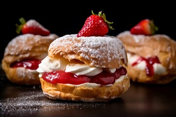 Strawberry eclairs with whipped cream on a black background