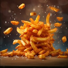 Fried potatoes with flying sparks on dark background. Concept of fast food.