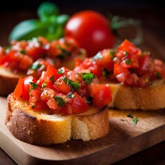 Fototapeta na wymiar Bruschetta with tomatoes, basil and olive oil on wooden board