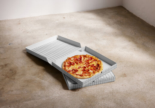 Mockup of customizable open cardboard pizza box on top of another box