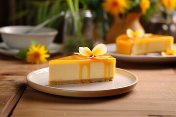 Fototapeta na wymiar Piece of mango cheese cake on a plate with yellow flowers