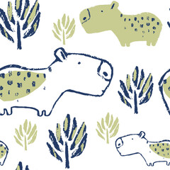 Summer capybara trendy tropical seamless pattern. Hand drawn african print . Beach vacation