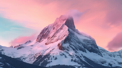 Bergkette mit weichem Licht in einem Pastell und orange farbiger Himmel im Hintergrund