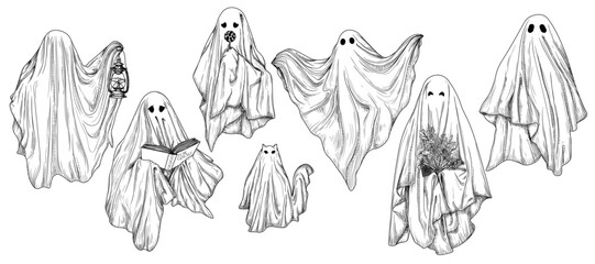 Vector set of 7 different ghosts in engraving style. Ghost with a book, with a lamp, with a bouquet, with a candy, ghost cat