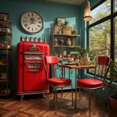 Diner-Inspired Room Retro Vibes with Bold Colors, Checkered Patterns, and Retro Diner Furniture